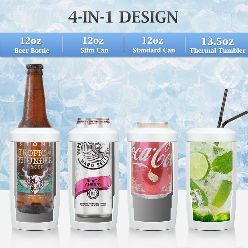 Max&So Slim Can Cooler, 4-in-1 Double Walled Stainless Steel Insulated Beer Can Holder, Works With All 12 Oz Cans,Bottles & As A Pint Cups - Glitter White - Image 3